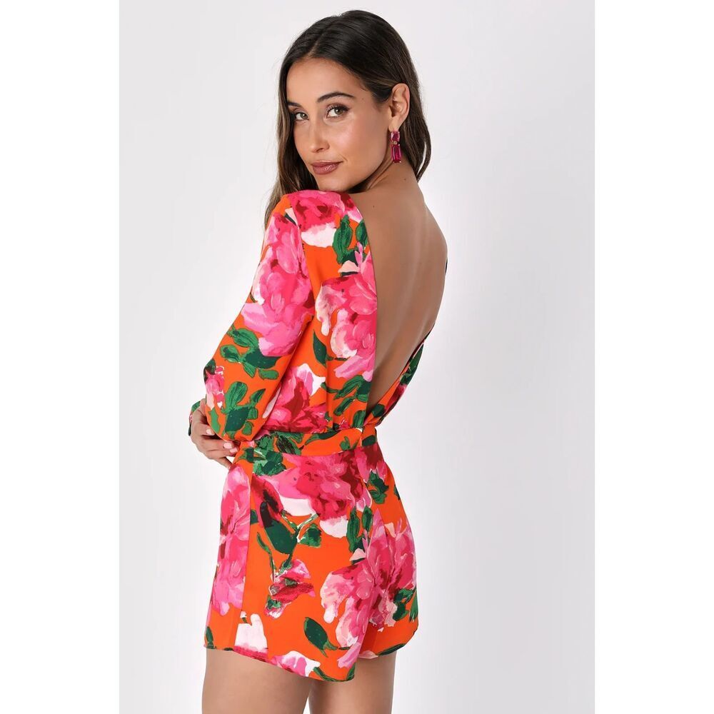 LULUS Sweetest Song Orange Floral Print Romper Sz Large Backless Long Sleeve NWT - Picture 3 of 13